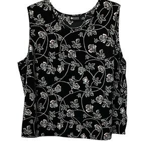 MAGGIE BARNES ROUND NECK SLEEVELESS BLOUSE, WOMENS, 28W-BLACK W/PINK BLUE FLORAL